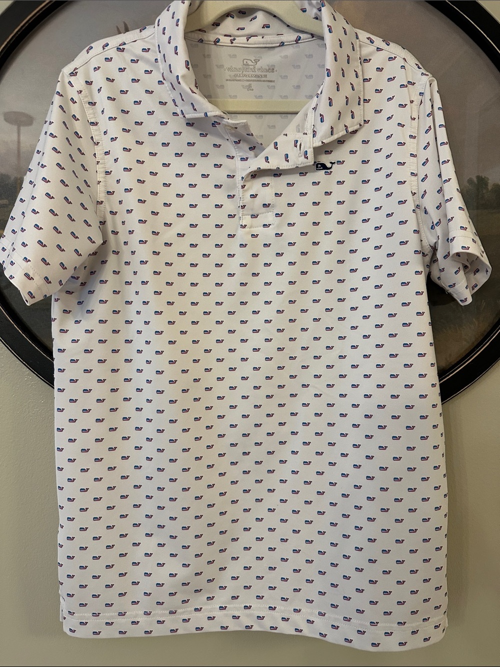 Vineyard Vines White Polo with Small Navy Whale Print
